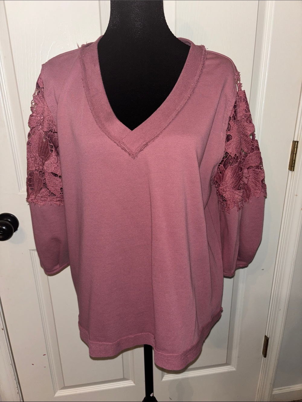 Women's Dusty Rose V-Neck Lace Sleeve Top
